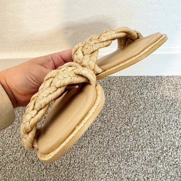 Zara Woven Raffia Slide Square Toe Flat Sandals Tan Boho Cottagecore Casual 39/9 - Picture 3 of 9